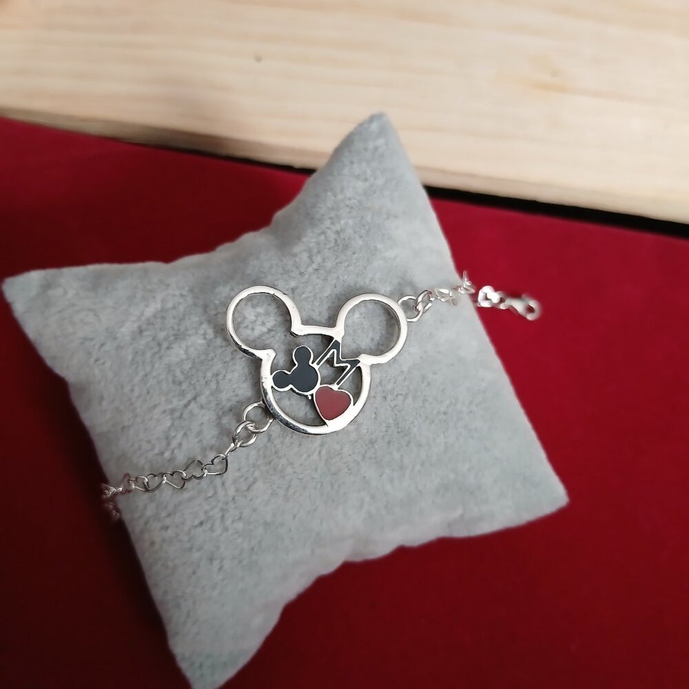 Mickey Mouse Heart Link Chain Bracelet Sterling Silver 925